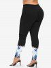 Plus Size Flowing Water Rose Flower Butterfly Print Skinny Leggings -  