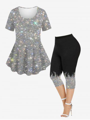 Glitter Sparkling Sequin 3D Printed Crew Neck T-shirt and Capri Leggings Plus Size Outfit - SILVER