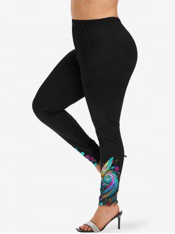 Plus Size Colorful Spiral Feather Eye Flower Print Skinny Leggings