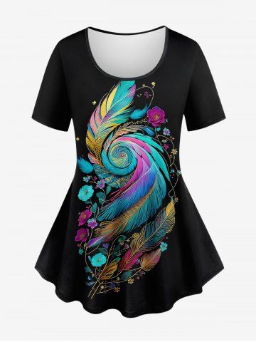 Plus Size Colorful Spiral Feather Eye Flower Print T-shirt - BLACK - XS