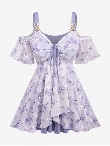 Plus Size Flower Print Embroidery Mesh Lace Trim Cinched Ruched Tulip Hem Ruffles Cold Shoulder 2 In 1 Top - PURPLE - 1X | US 14-16