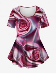 Plus Size Rose Flower Silk 3D Print T-shirt -  