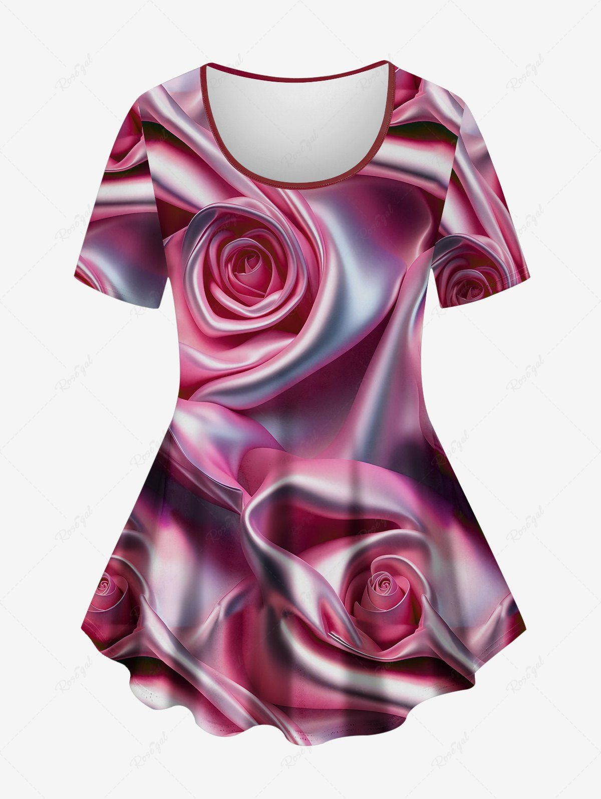 T-shirt en Soie Imprimé de Rose en 3D Rouge 2X