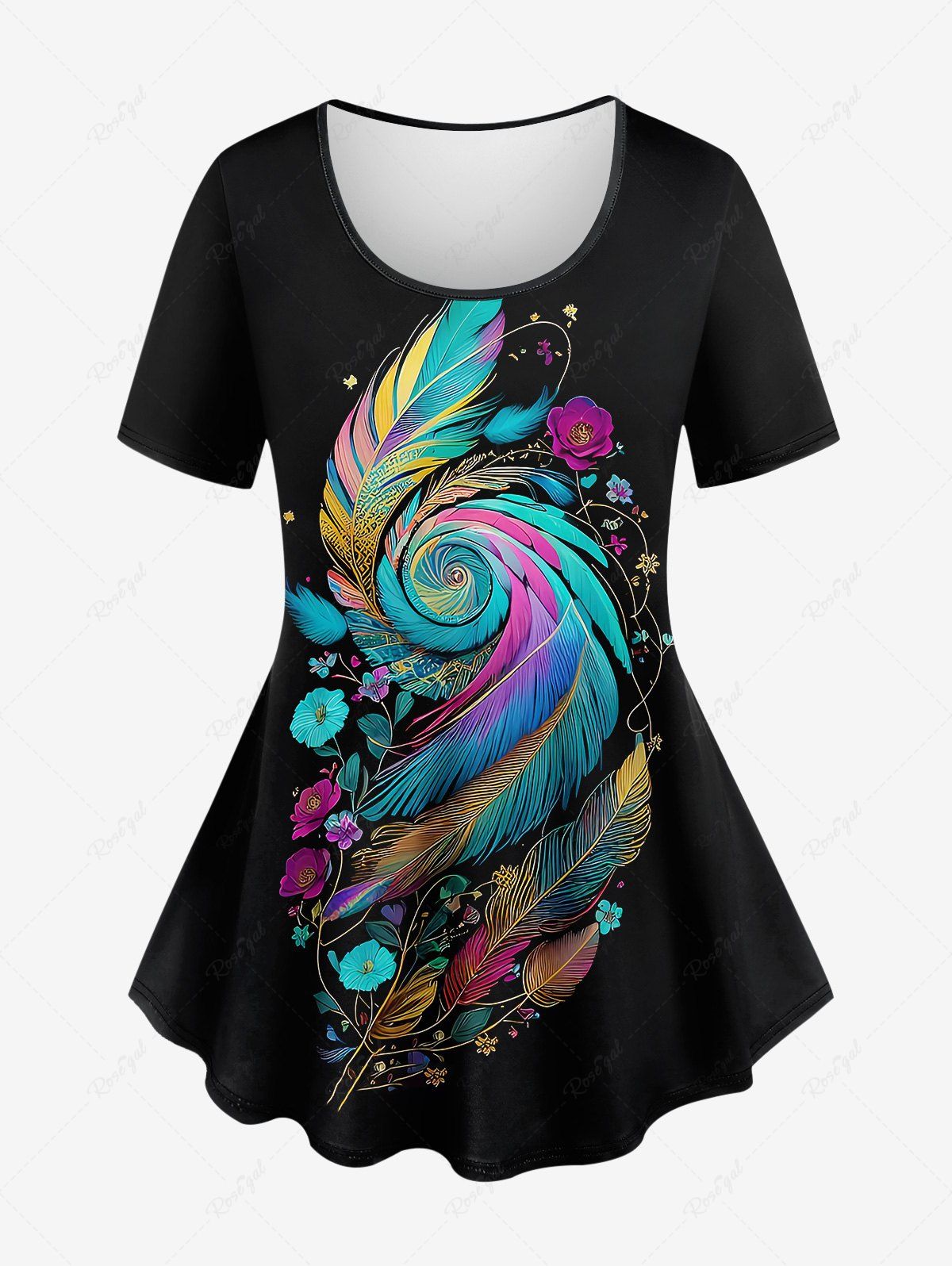 T-shirt Imprimé Plume et Fleur Colorée Grande Taille Noir L