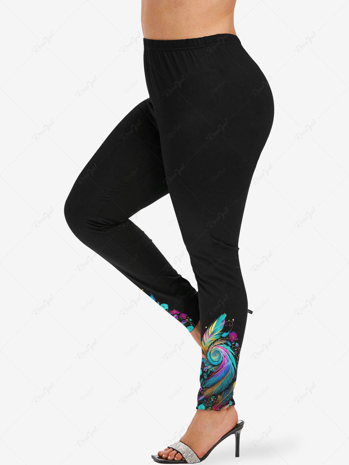 Hot Plus Size Colorful Spiral Feather Eye Flower Print Skinny Leggings  