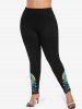 Plus Size Colorful Spiral Feather Eye Flower Print Skinny Leggings -  