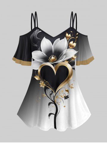 Plus Size Cold Shoulder Heart Flower Print Ombre Cami T-shirt - BLACK - L