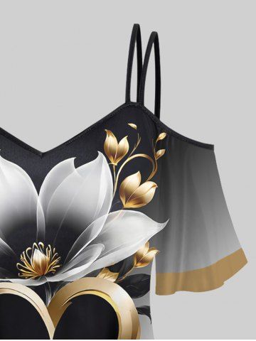 Plus Size Cold Shoulder Heart Flower Print Ombre Cami T-shirt