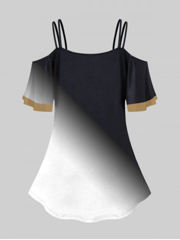 Plus Size Cold Shoulder Heart Flower Print Ombre Cami T-shirt