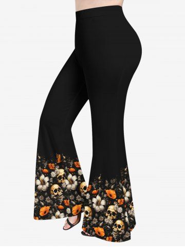 Plus Size Skull Lily Flower Print Pull On Flare Pants - BLACK - XS
