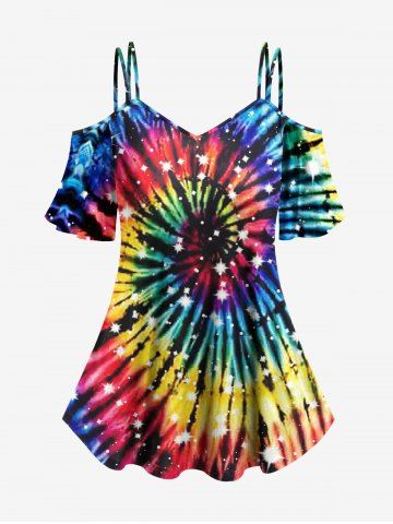 Plus Size Tie Dye Galaxy Star Glitter 3D Print Cold Shoulder T-shirt