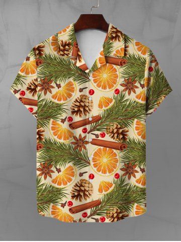 Plus Size Vacation Style Orange Fruit Pine Nuts Needles Cinnamon Print Buttons Beach Shirt For Men