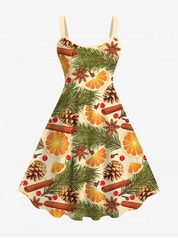 Hawaii Plus Size Orange Pine Nuts Needles Fruit Cinnamon Anise Print Tank Dress - MULTI-A - 3X