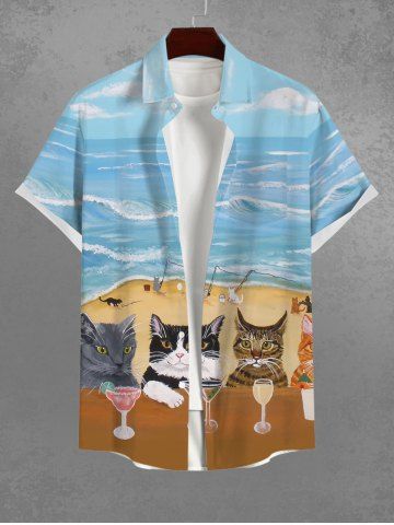 Hawaii Plus Size Vacation Style Cat Goblet Sea Beach Print Pocket Buttons Shirt For Men - LIGHT BLUE - M