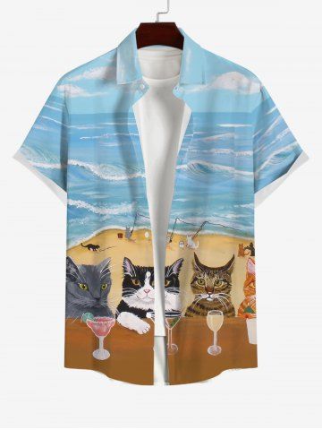 Hawaii Plus Size Vacation Style Cat Goblet Sea Beach Print Pocket Buttons Shirt For Men