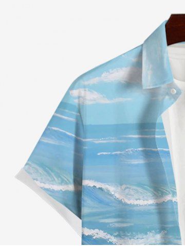Hawaii Plus Size Vacation Style Cat Goblet Sea Beach Print Pocket Buttons Shirt For Men
