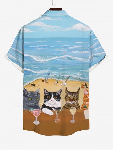 Hawaii Plus Size Vacation Style Cat Goblet Sea Beach Print Pocket Buttons Shirt For Men