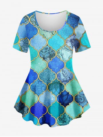 Plus Size Cool Jade Decorative Moroccan Pattern Bird Butterfly Floral  Print T-shirt - BLUE - S