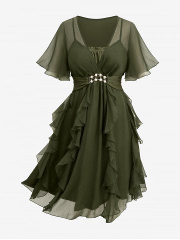 Plus Size Flutter Sleeves Ruffles Crinkle Faux Pearl Buckle Belted Solid 2 in 1 Layered A Line Dress - DEEP GREEN - L | US 12