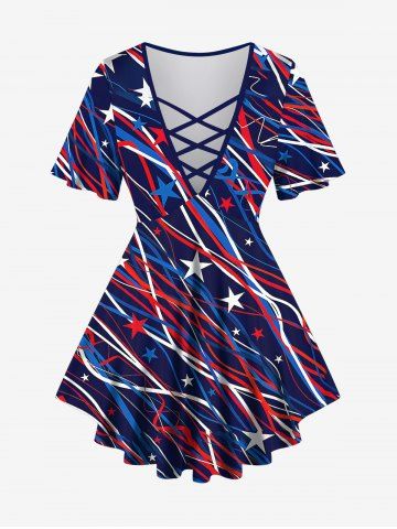 Plus Size American Flag Star Stripes Print Lattice Crisscross Flare Sleeve T-shirt - BLUE - S