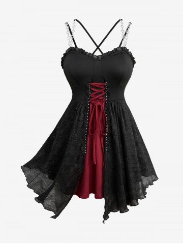 Plus Size Lace-up Ruffles Lace Trim Rivet Chains Crisscross Strapy Plisse Tank Top