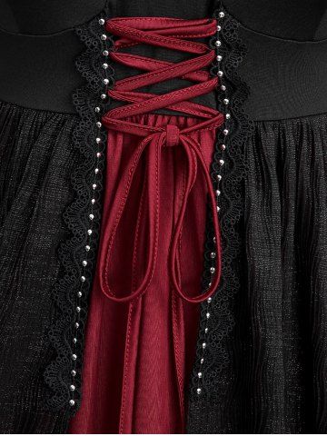 Plus Size Lace-up Ruffles Lace Trim Rivet Chains Crisscross Strapy Plisse Tank Top