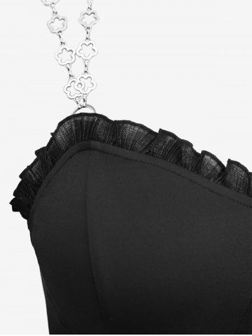 Plus Size Lace-up Ruffles Lace Trim Rivet Chains Crisscross Strapy Plisse Tank Top