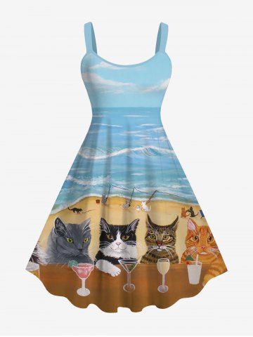 Hawaii Plus Size Vacation Style Cats Goblet Sea Beach Print Tank Dress - LIGHT BLUE - XXS