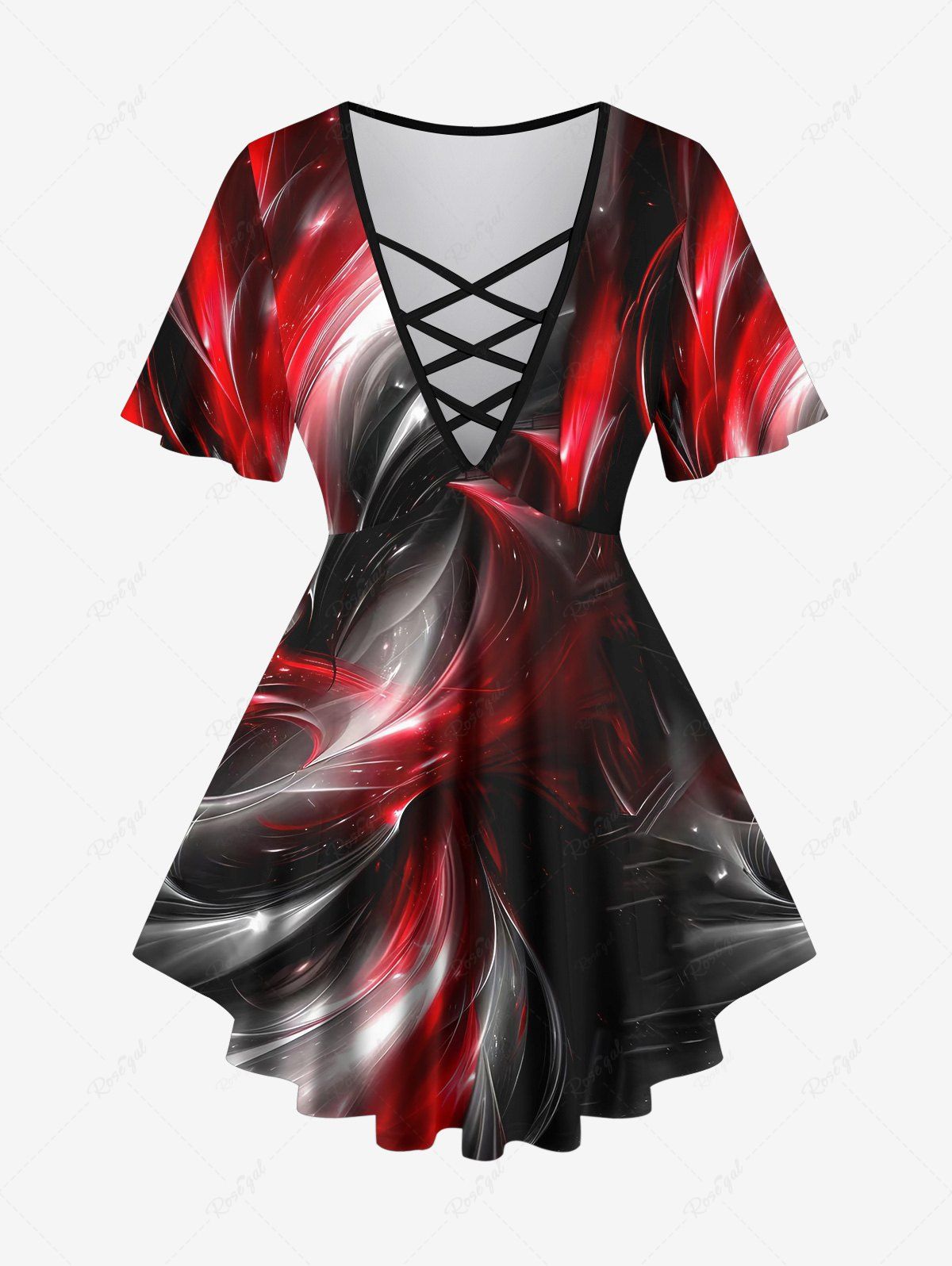 Fashion Plus Size Ombre Colorblock Glitter 3D Print Lattice Crisscross Flare Sleeve T-shirt  