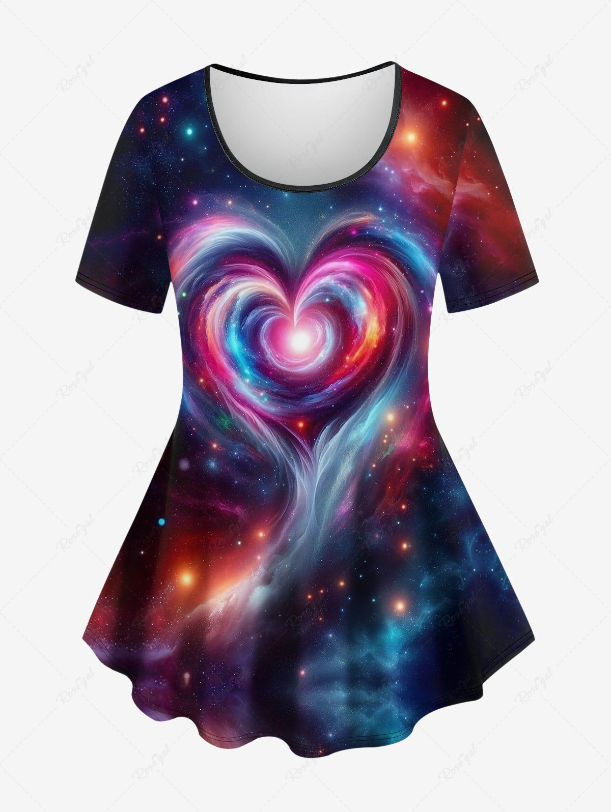 T-shirt 3D Etoiles Galaxie et Cœur Imprimés de Grande Taille à Paillettes Noir 6X
