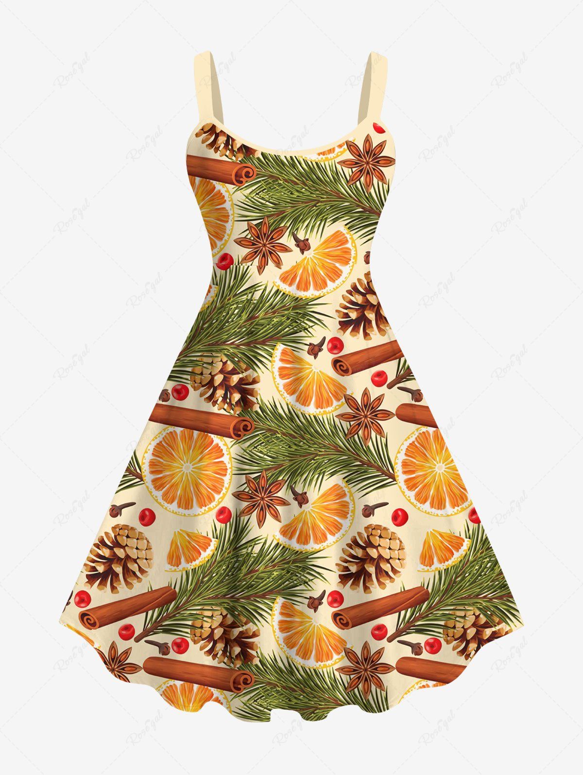 Hot Hawaii Plus Size Orange Pine Nuts Needles Fruit Cinnamon Anise Print Tank Dress  