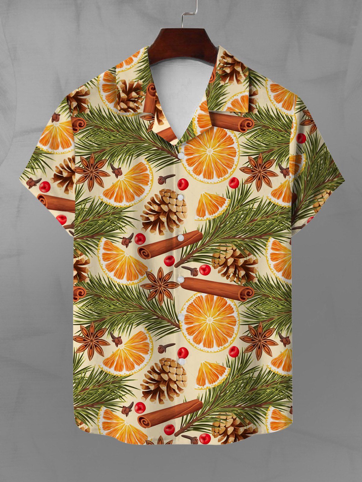 Hot Hawaii Plus Size Vacation Style Orange Fruit Pine Nuts Needles Cinnamon Print Buttons Beach Shirt For Men  
