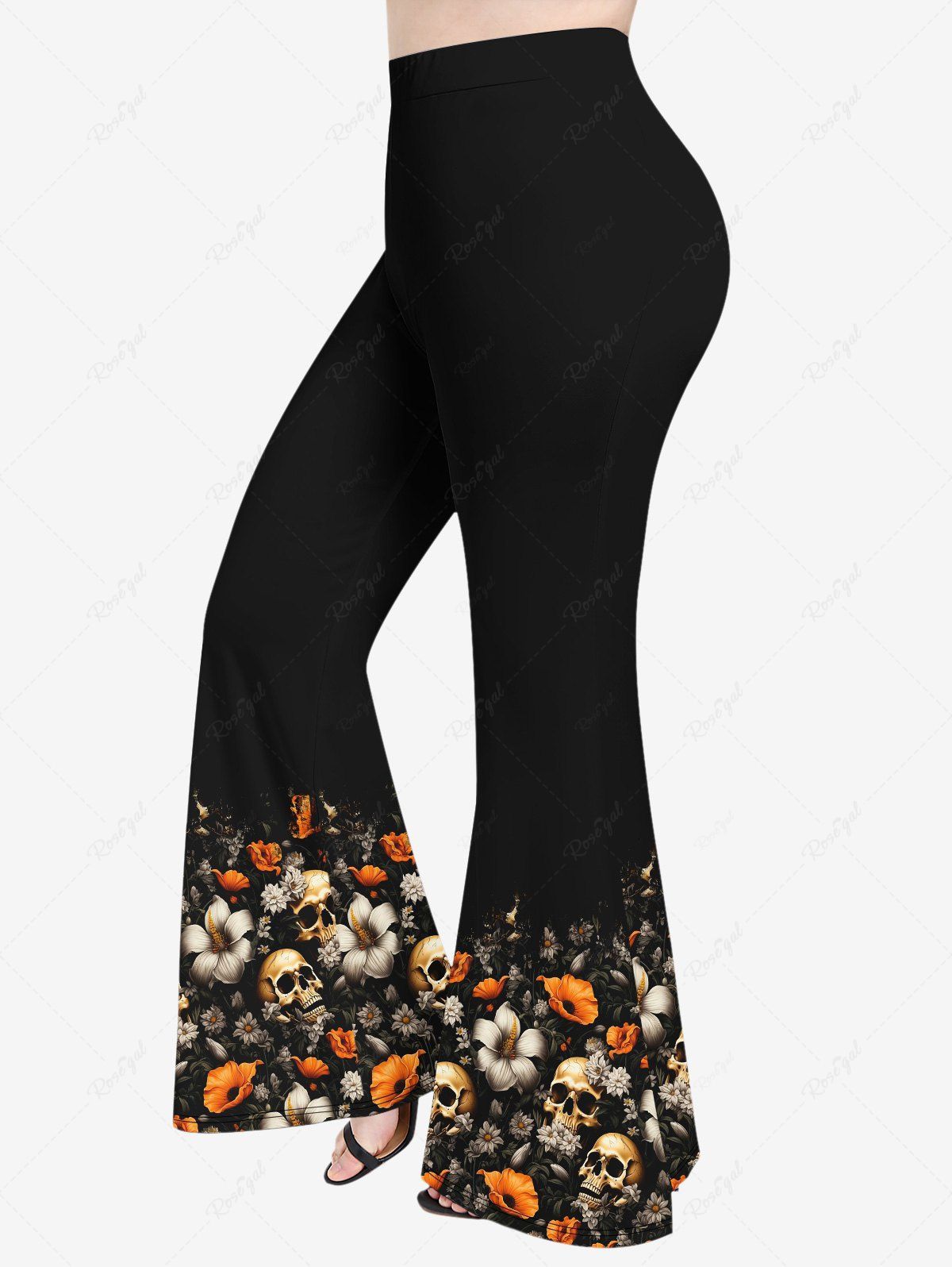 Pantalon Évasé Imprimé Lys Crâne Floral Grande Taille Noir 6X