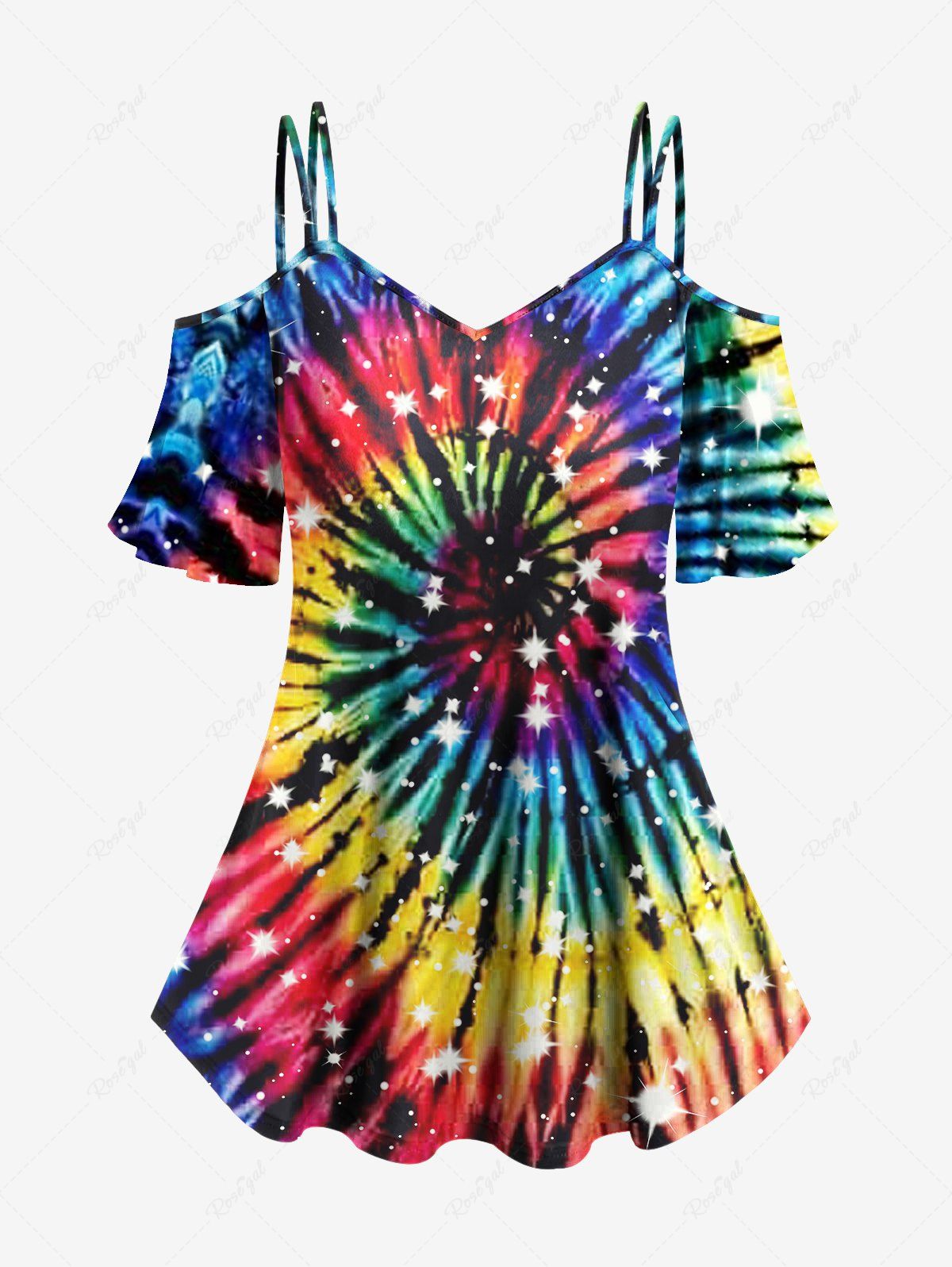Chic Plus Size Tie Dye Galaxy Star Glitter 3D Print Cold Shoulder T-shirt  
