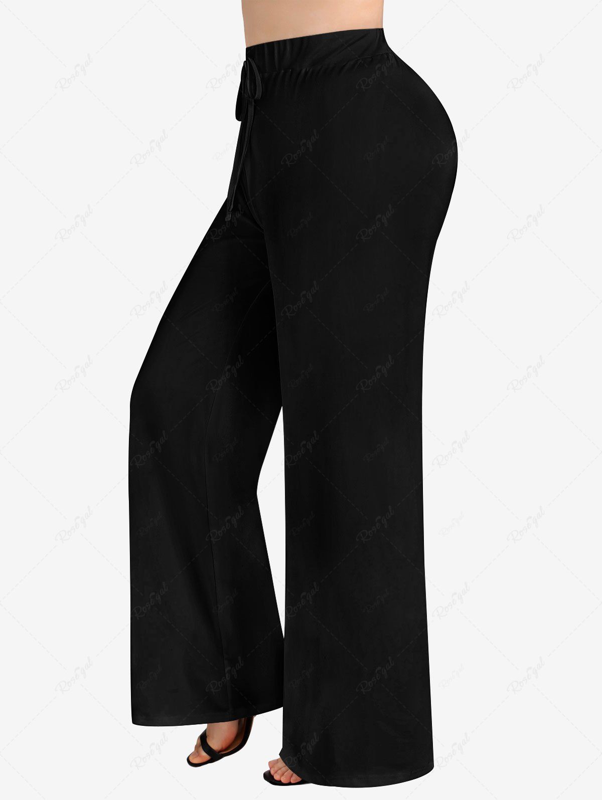 Pantalon à Jambe Large en Couleur Unie de Grande Taille à Cordon Noir 1X