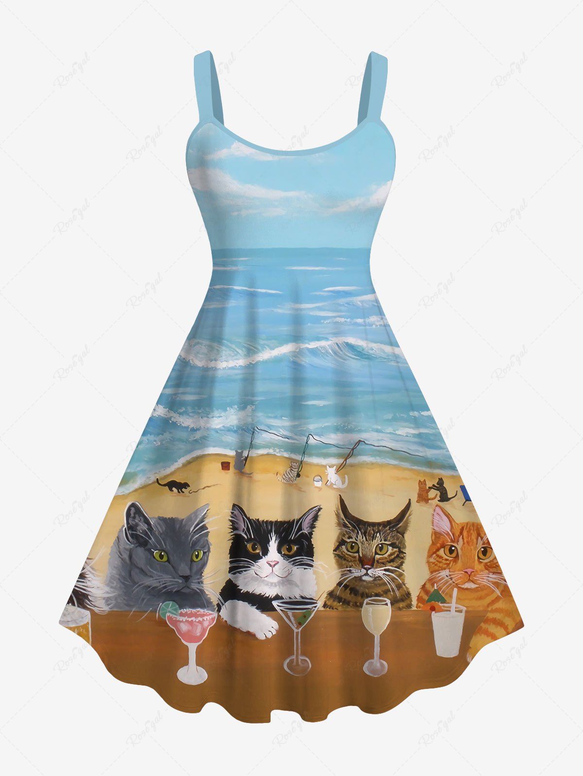 New Hawaii Plus Size Vacation Style Cats Goblet Sea Beach Print Tank Dress  