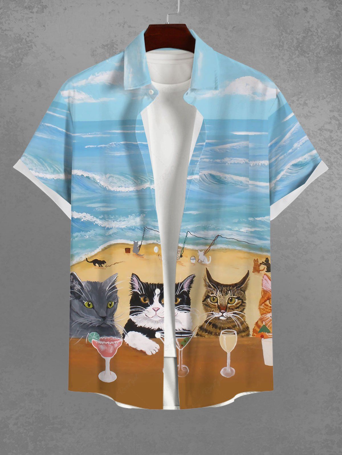 Fashion Hawaii Plus Size Vacation Style Cat Goblet Sea Beach Print Pocket Buttons Shirt For Men  