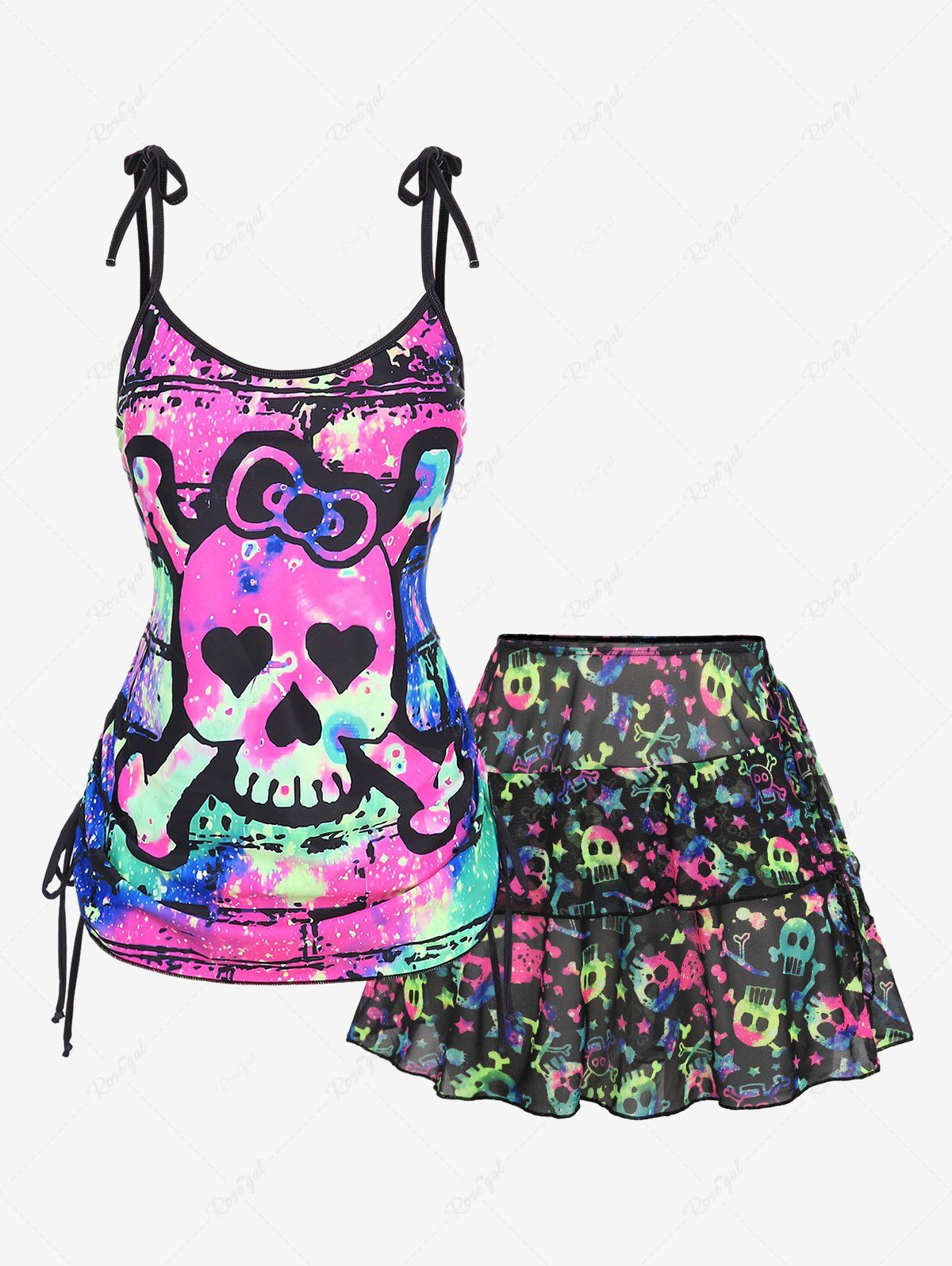 Affordable Plus Size Bowknot Skulls Skeleton Stars Galaxy Tie Dye Print Cinched Cami Top and Skirt 3PCS Tankini Set  