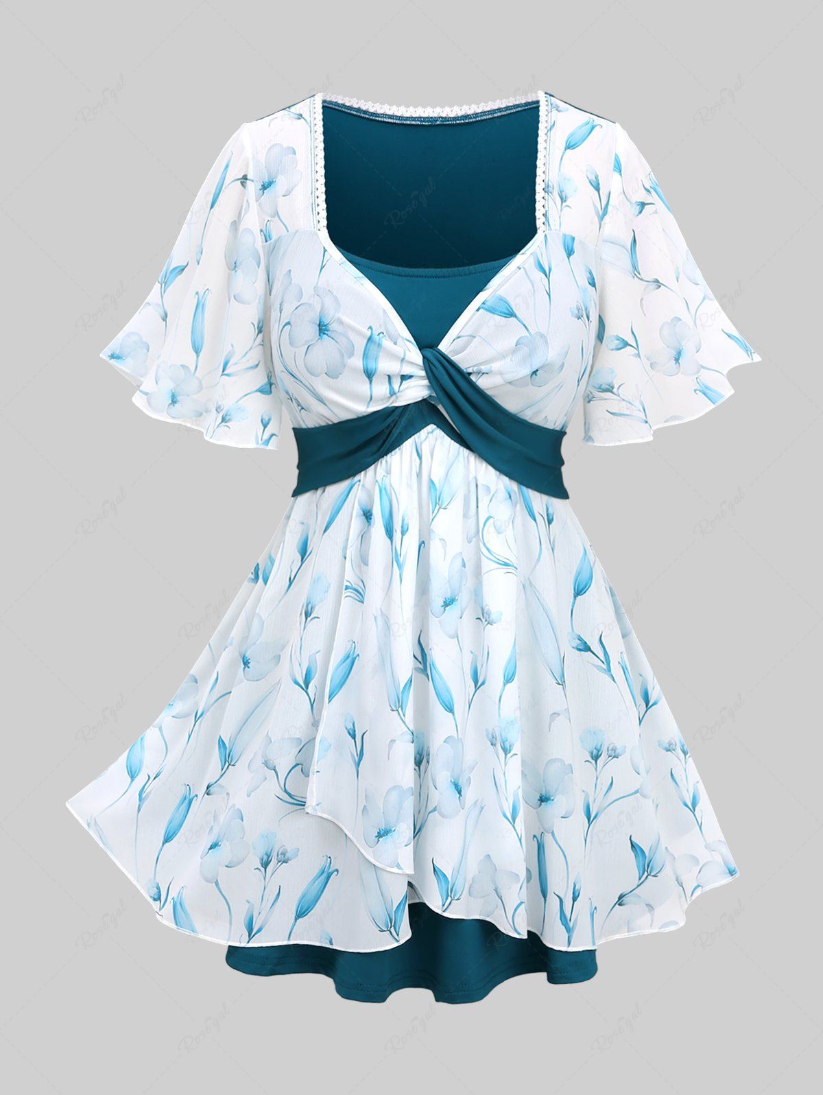 Shop Plus Size Flower Leaf Print Twist Lace Trim Ruffles 2 In 1 Blouse  