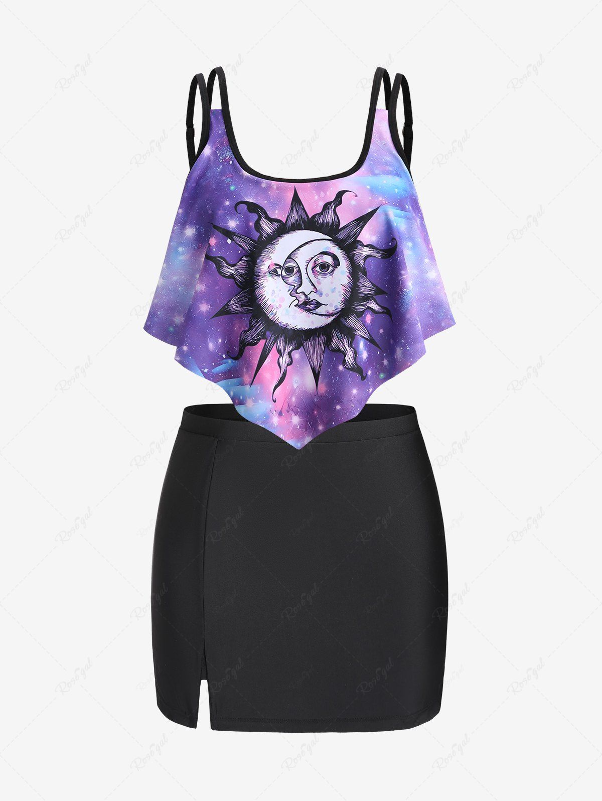 Outfits Plus Size Sun Galaxy Printed Backless Slit Overlay Skort Tankini Swimsuit (Adjusted-straps)  
