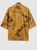 Men's Matching Two Piece Silky Satin Chinese Style Crane Plant Tree Open Front Kimono and Shorts Set -  