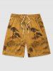 Men's Matching Two Piece Silky Satin Chinese Style Crane Plant Tree Open Front Kimono and Shorts Set -  