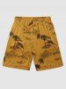 Men's Matching Two Piece Silky Satin Chinese Style Crane Plant Tree Open Front Kimono and Shorts Set -  