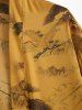 Men's Matching Two Piece Silky Satin Chinese Style Crane Plant Tree Open Front Kimono and Shorts Set -  