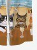Hawaii Plus Size Vacation Style Cat Goblet Sea Beach Print Pocket Buttons Shirt For Men -  