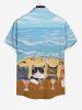 Hawaii Plus Size Vacation Style Cat Goblet Sea Beach Print Pocket Buttons Shirt For Men -  