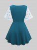 Plus Size Flower Leaf Print Twist Lace Trim Ruffles 2 In 1 Blouse -  