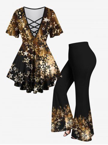 Glitter Light Beam Stars Printed Lattice Ombre Top and Flare Pants Plus Size Matching Set - BLACK