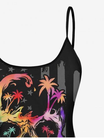 Fashion Colorful Skull Coconut Tree Patriotic American Flag Print Boyleg Tankini Swimsuit (Adjustable Shoulder Strap)