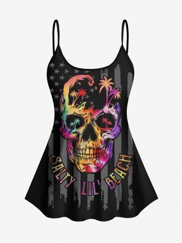 Fashion Colorful Skull Coconut Tree Patriotic American Flag Print Boyleg Tankini Swimsuit (Adjustable Shoulder Strap)